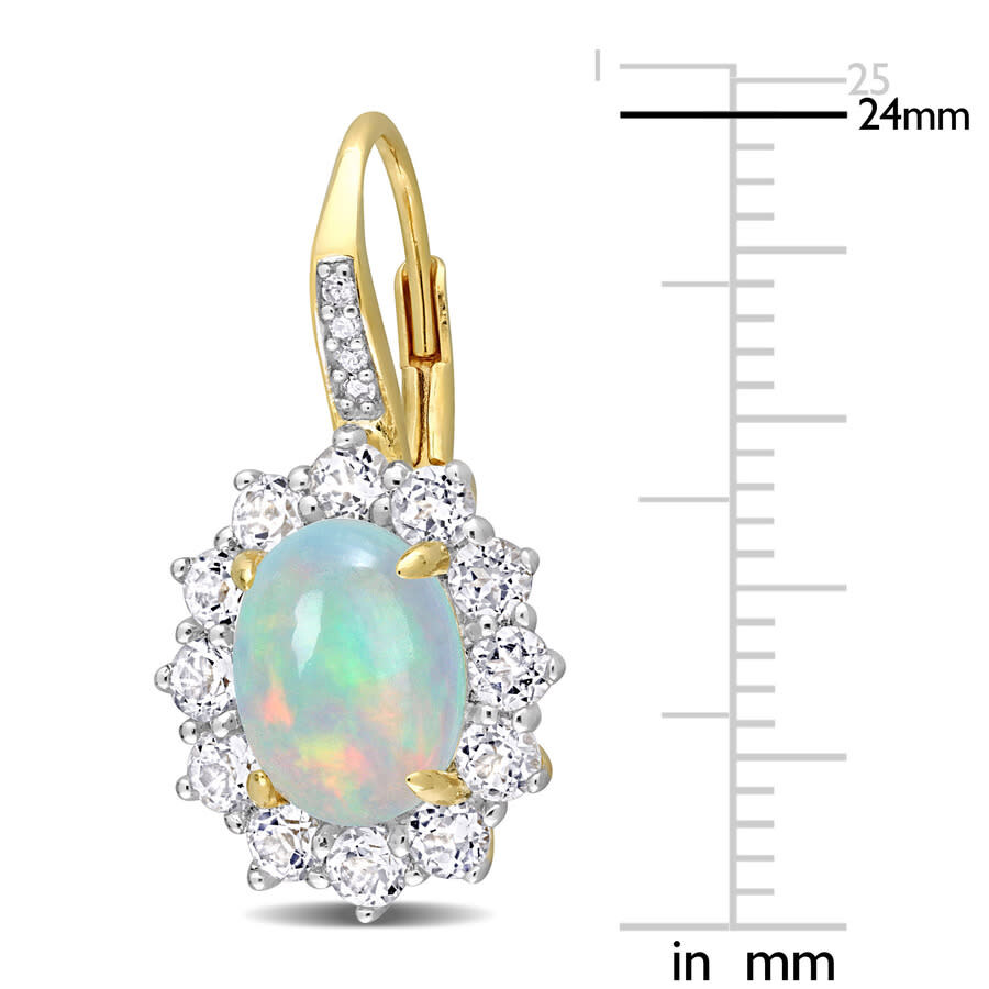 Amour 1 3/4 Ct Tgw Oval Shape Blue Ethiopian Opal And White Topaz And Diamond Accent Halo Leverback In Yellow