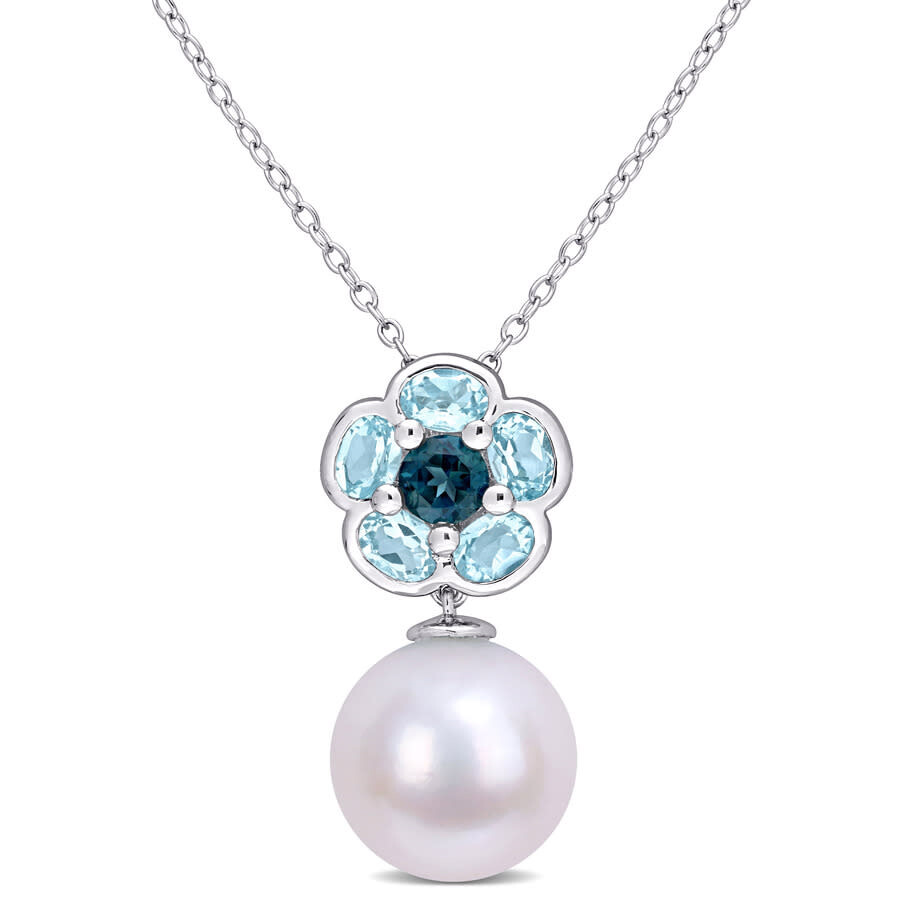 Shop Amour 1 3/5 Ct Tgw Blue Topaz And 11-12 Mm Freshwater Cultured Pearl Floral Pendant With Chain In St In White