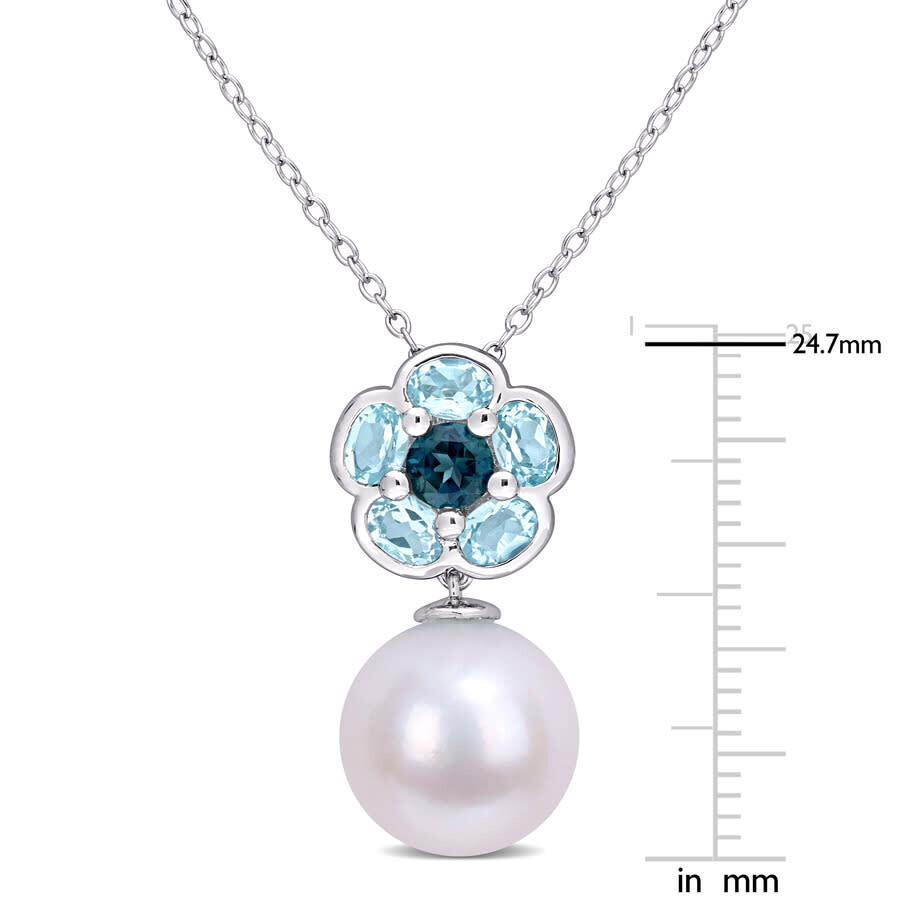 Shop Amour 1 3/5 Ct Tgw Blue Topaz And 11-12 Mm Freshwater Cultured Pearl Floral Pendant With Chain In St In White