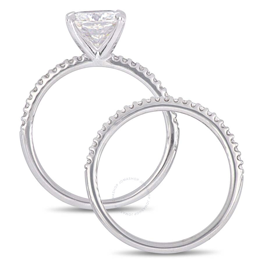 Amour 2 Ct Dew Cushion Created Moissanite And 1/4 Ct Tw Diamond Bridal Set In 14k White Gold In Gold / Gold Tone / White