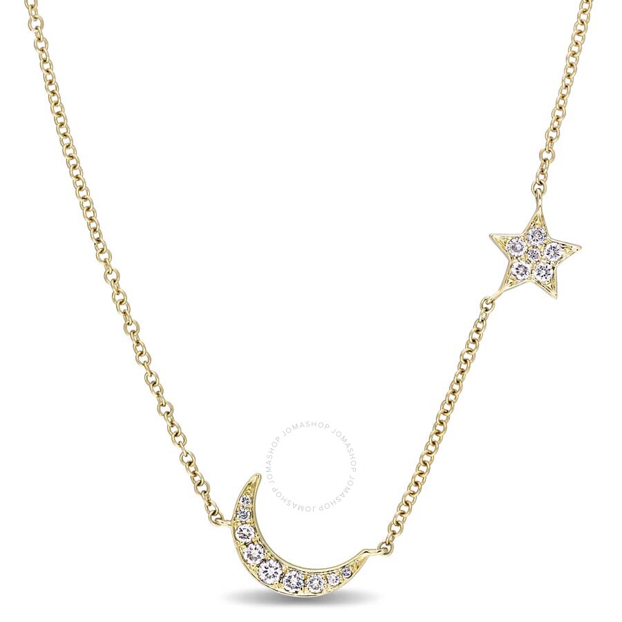 Yellow Gold Over Silver 1//6 CTTW Diamond Two Star Circle Pendant Necklace