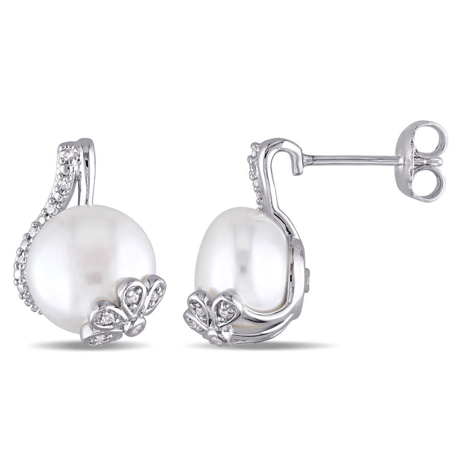 Amour 10 - 10.5 Mm White Cultured Freshwater Pearl And 1/10 Ct Tw Diamond Swirl Earrings In Sterling In White