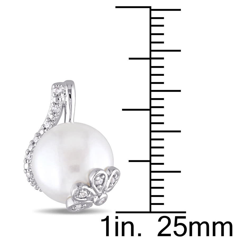Amour 10 - 10.5 Mm White Cultured Freshwater Pearl And 1/10 Ct Tw Diamond Swirl Earrings In Sterling In White