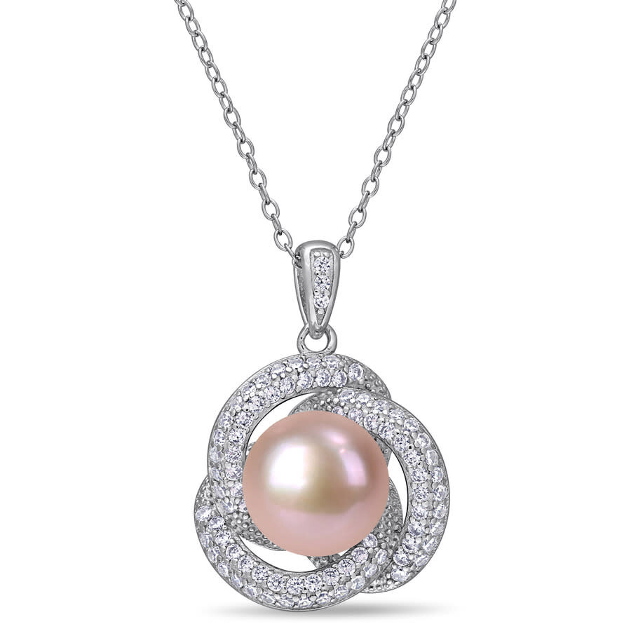 Amour 10.5 - 11 Mm Pink Cultured Freshwater Pearl And 3/4 Ct Tgw Cubic Zirconia Interlaced Halo Neck In White