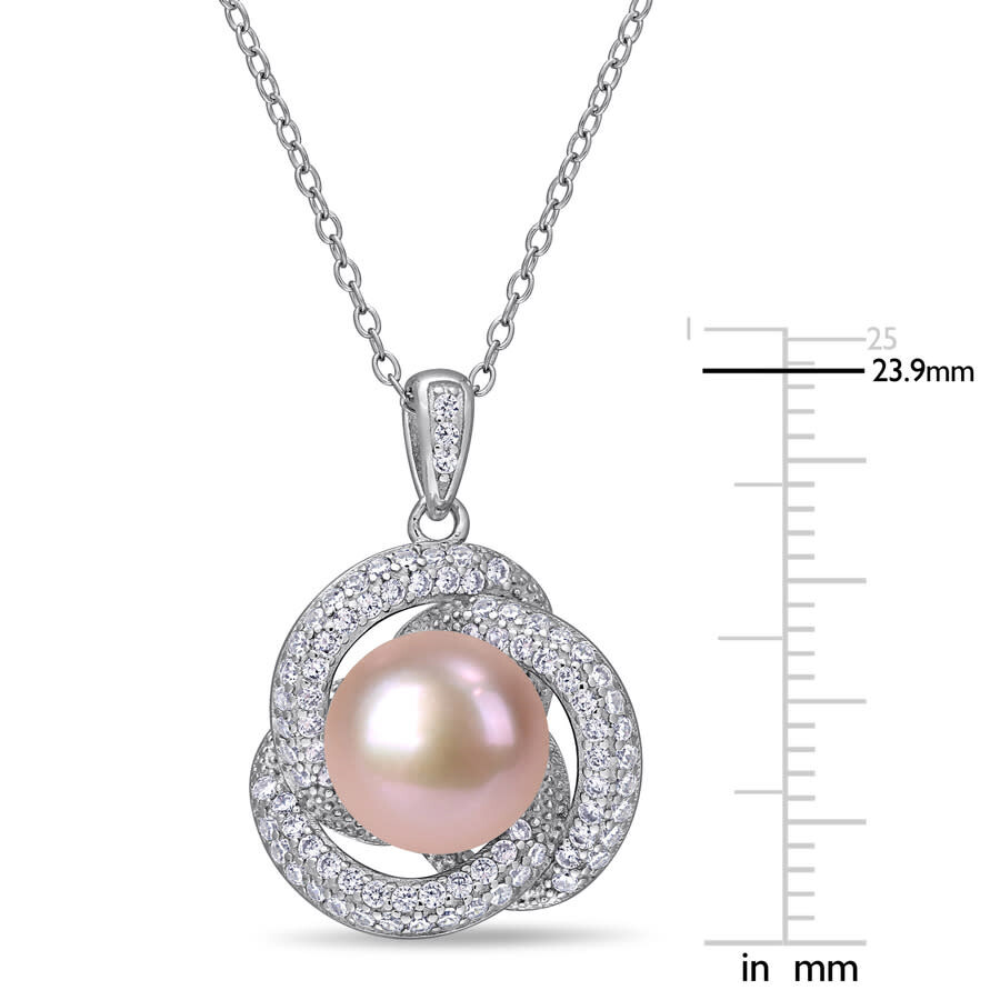 Amour 10.5 - 11 Mm Pink Cultured Freshwater Pearl And 3/4 Ct Tgw Cubic Zirconia Interlaced Halo Neck In White