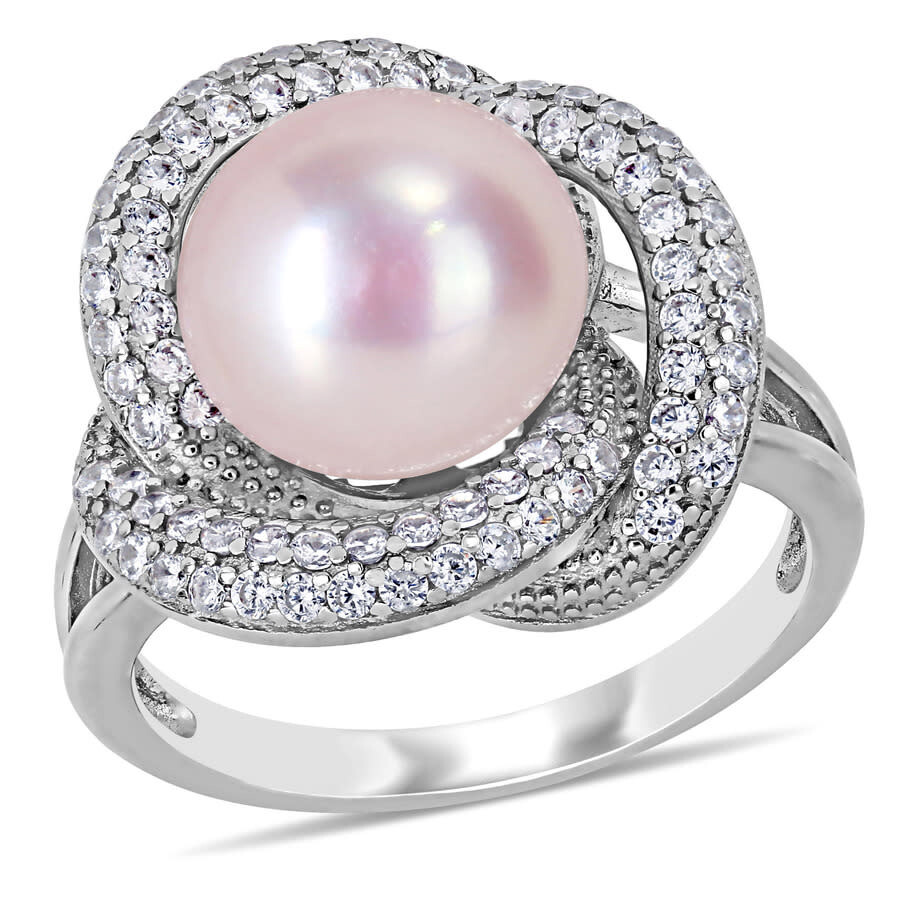 Shop Amour 10.5 -11 Mm Pink Cultured Freshwater Pearl And 3/4 Ct Tgw Cubic Zirconia Interlaced Halo Ring  In White