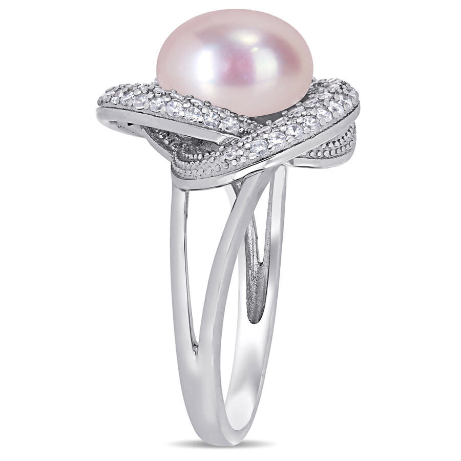 Shop Amour 10.5 -11 Mm Pink Cultured Freshwater Pearl And 3/4 Ct Tgw Cubic Zirconia Interlaced Halo Ring  In White