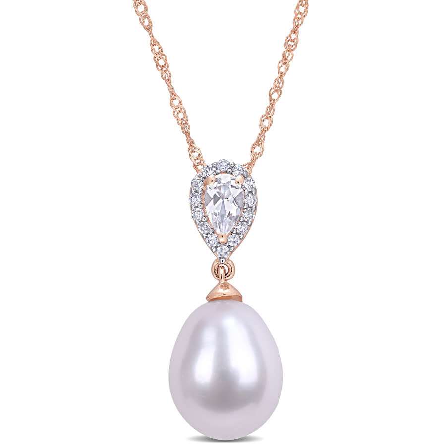 Amour 9-9.5 Mm Freshwater Cultured Pearl 1/4 Ct Tgw White Topaz And Diamond Accent Drop Pendant With In White