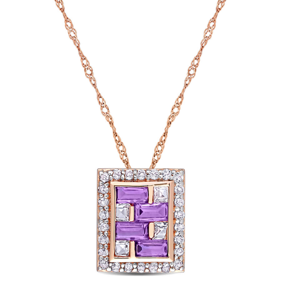 Shop Amour 1 Ct Tgw Baguette African-amethyst And White Topaz Geometric Pendant With Chain In 10k Rose Go In Pink