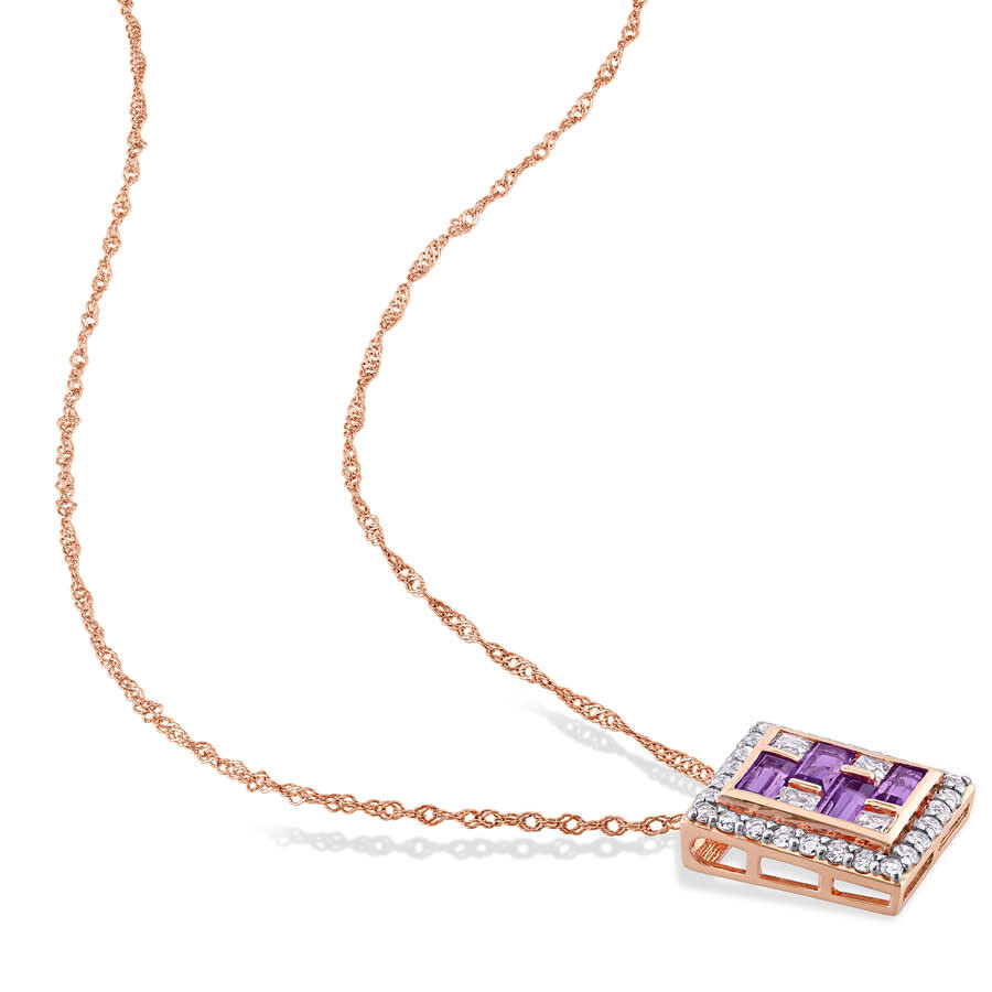 Shop Amour 1 Ct Tgw Baguette African-amethyst And White Topaz Geometric Pendant With Chain In 10k Rose Go In Pink