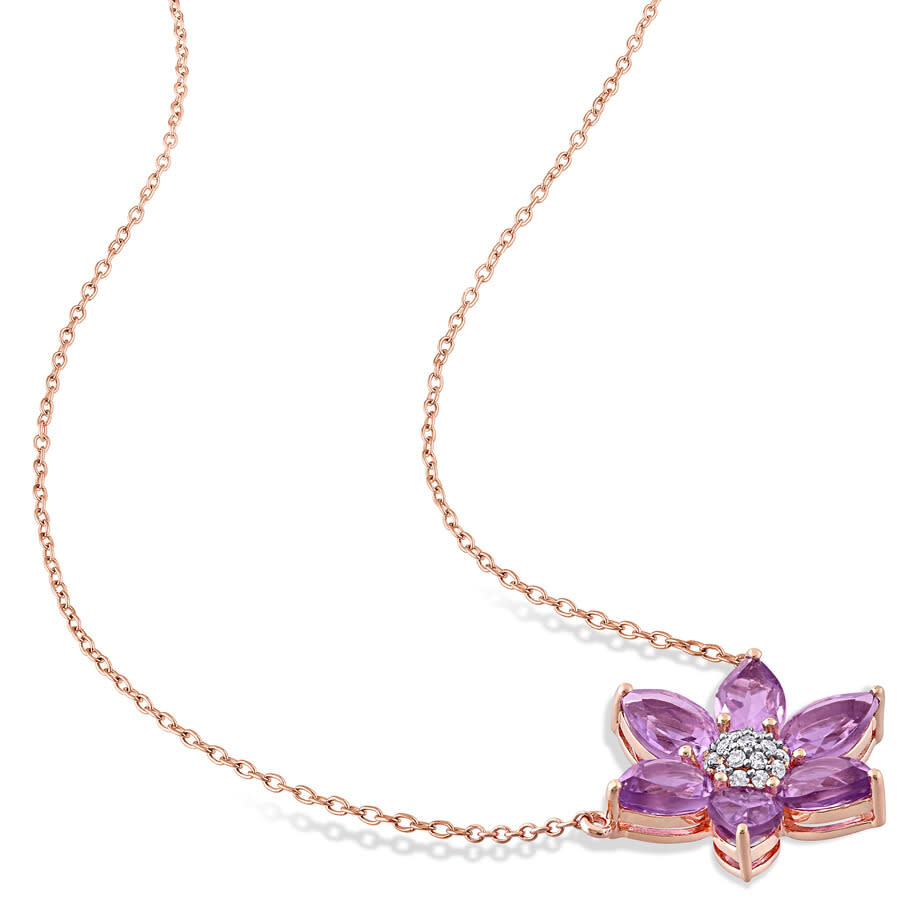 Amour 2 1/10 Ct Tgw Amethyst And 1/10 Ct Tw Diamond Floral Pendant With Chain In 10k Rose Gold In Pink