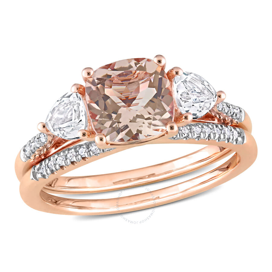 Shop Amour 2 1/5 Ct Tgw Morganite White Topaz And 1/10 Ct Tdw Diamond Bridal Ring Set In 10k Rose Gold In Pink