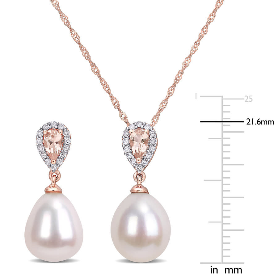 Amour 1/5 Ct Tw Diamond And 3/4 Ct Tgw Morganite With 9-9.5 Mm White Freshwater Cultured Pearl Drop In Pink