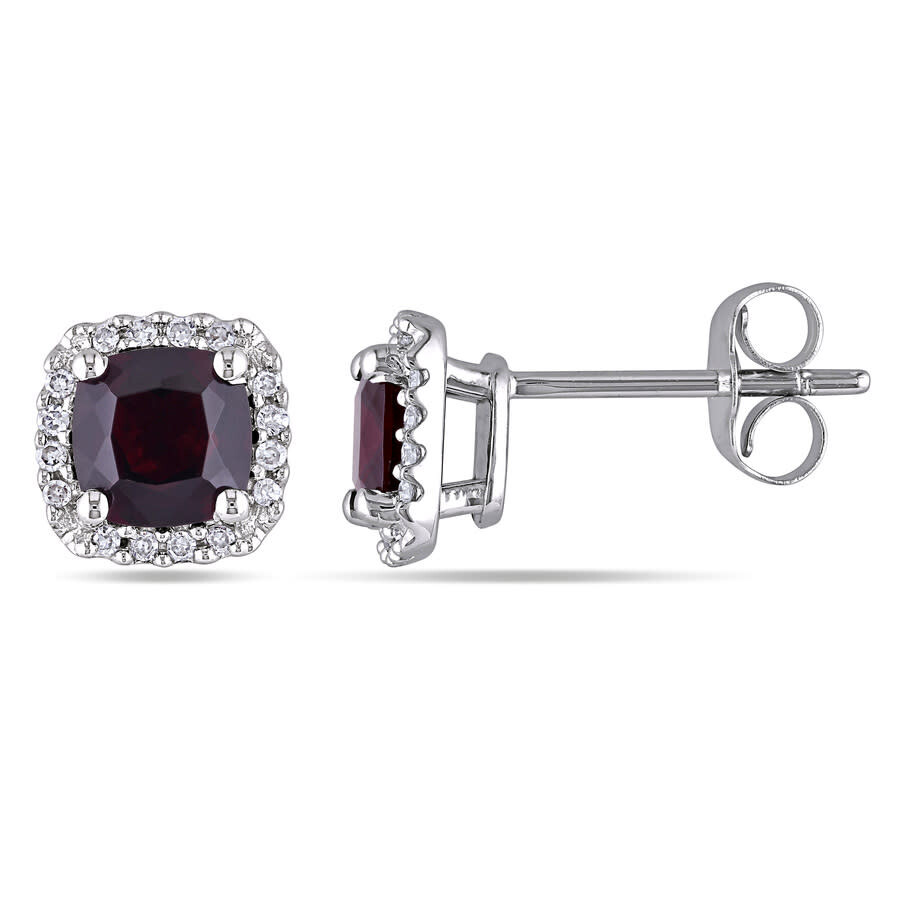 Shop Amour Cushion Cut Garnet And 1/10 Ct Tw Diamond Halo Earrings In 10k White Gold