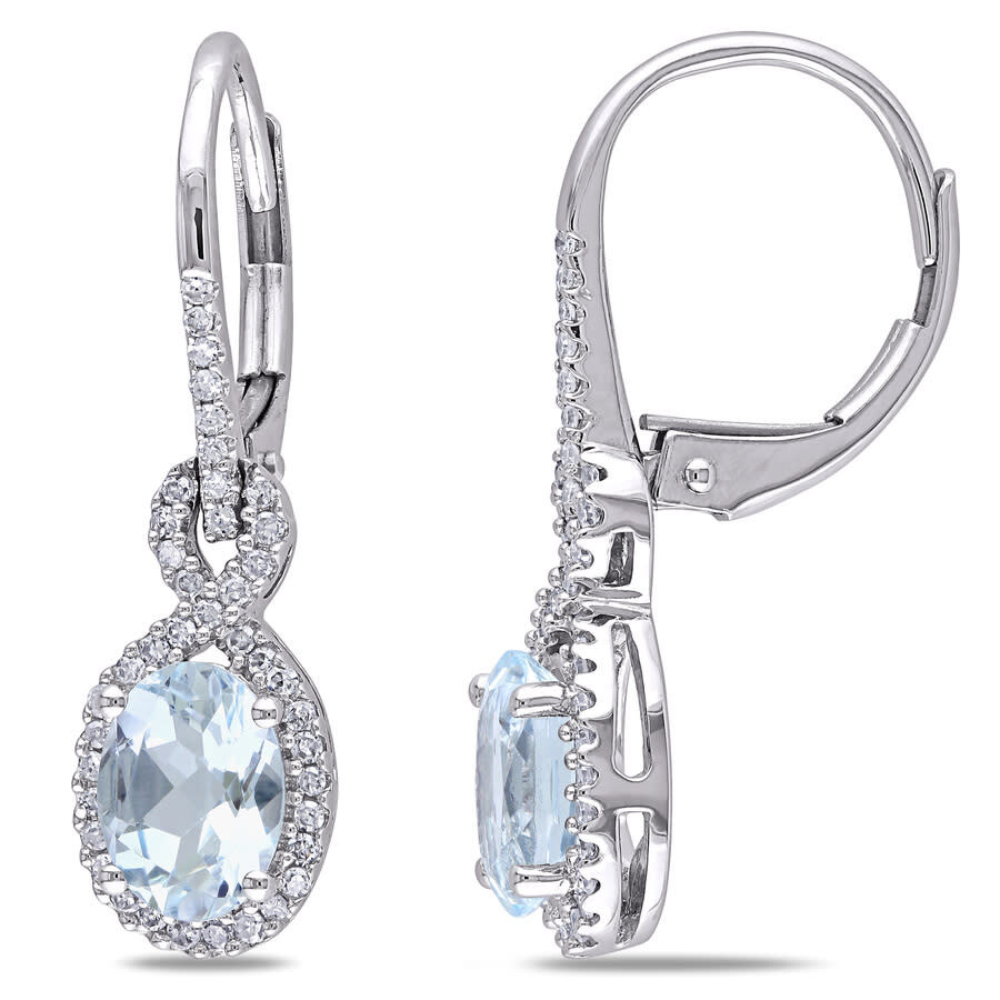 Amour Oval Aquamarine And 1/4 Ct Tw Diamond Leverback Earrings In 10k White Gold In White