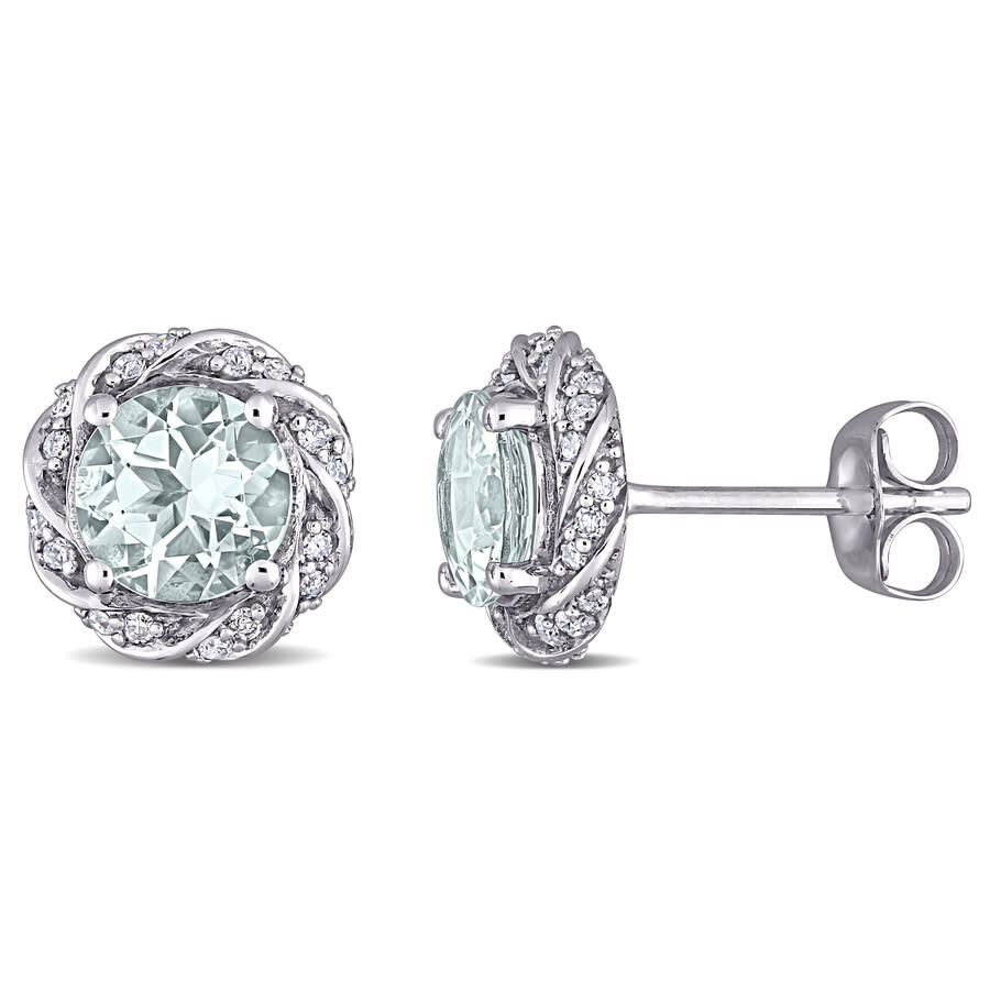 Amour Aquamarine And 1/5 Ct Tw Diamond Halo Stud Earrings In 10k White Gold In White