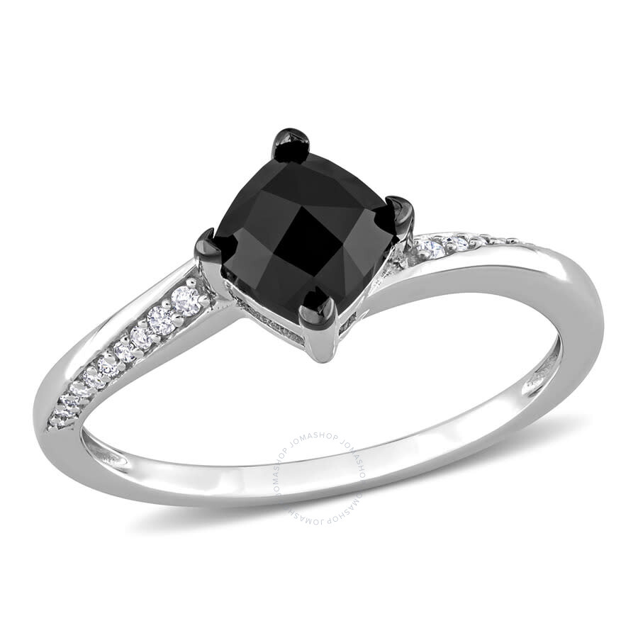 Amour 1 Ct Tdw Black And White Cushion And Round-cut Diamond Engagement Ring In 10k White Gold With In White