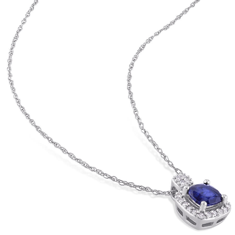 Amour 1/10 Ct Tw Halo Diamond And Cushion Cut Diffused Sapphire Pendant With Chain In 10k White Gold In White