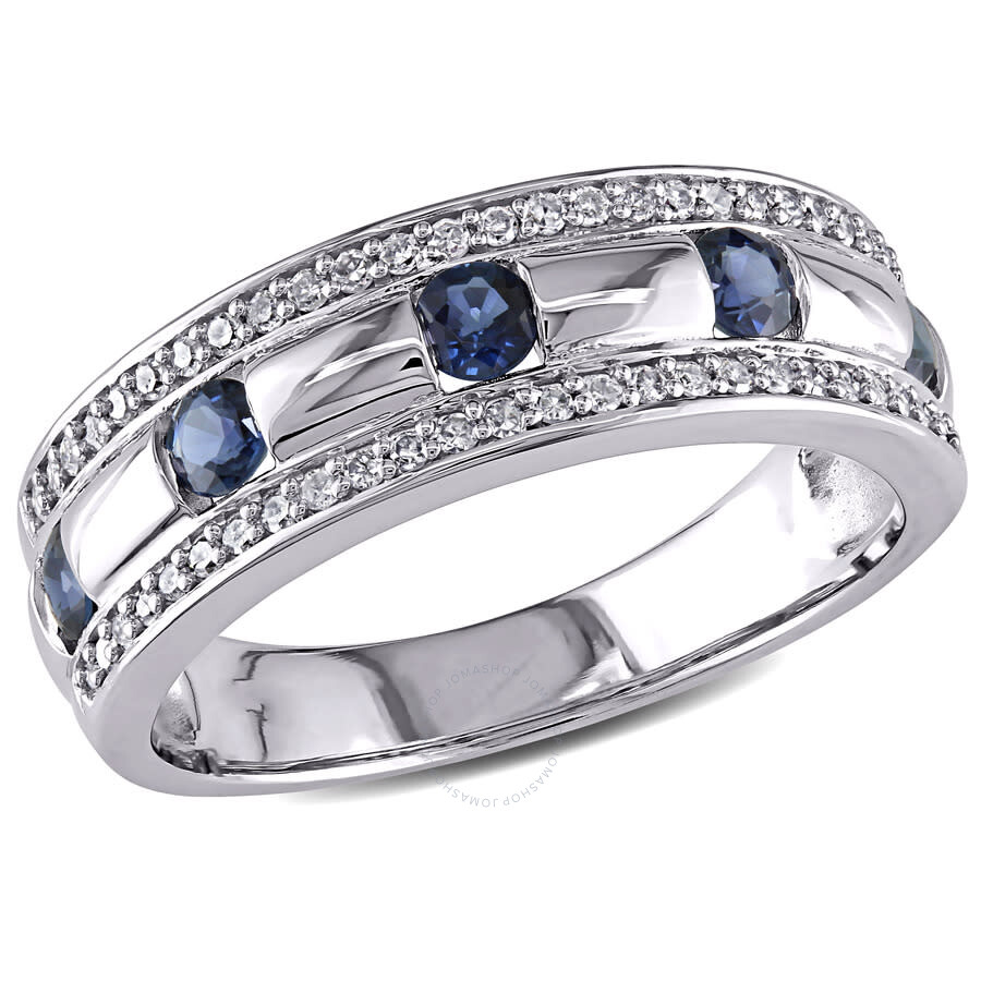 Shop Amour 1/4 Ct Tw Diamond And Sapphire Anniversary Band In 10k White Gold