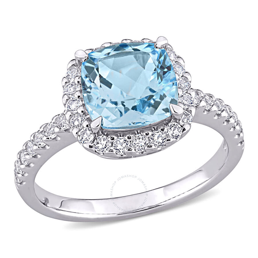 Amour 3 1/2 Ct Tgw Sky-blue Topaz And White Topaz Halo Ring In 10k White Gold In White