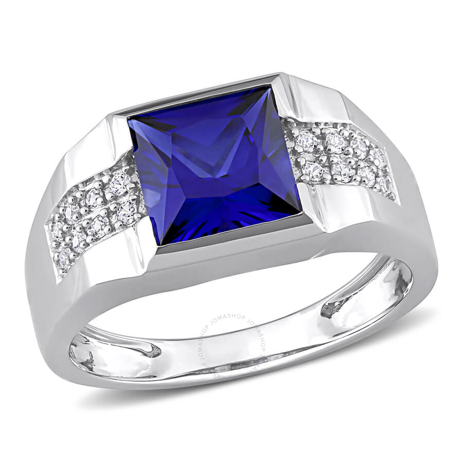 Amour 3 1/4 Ct Tgw Created Blue And White Sapphire Men's Ring In 10k White Gold In White