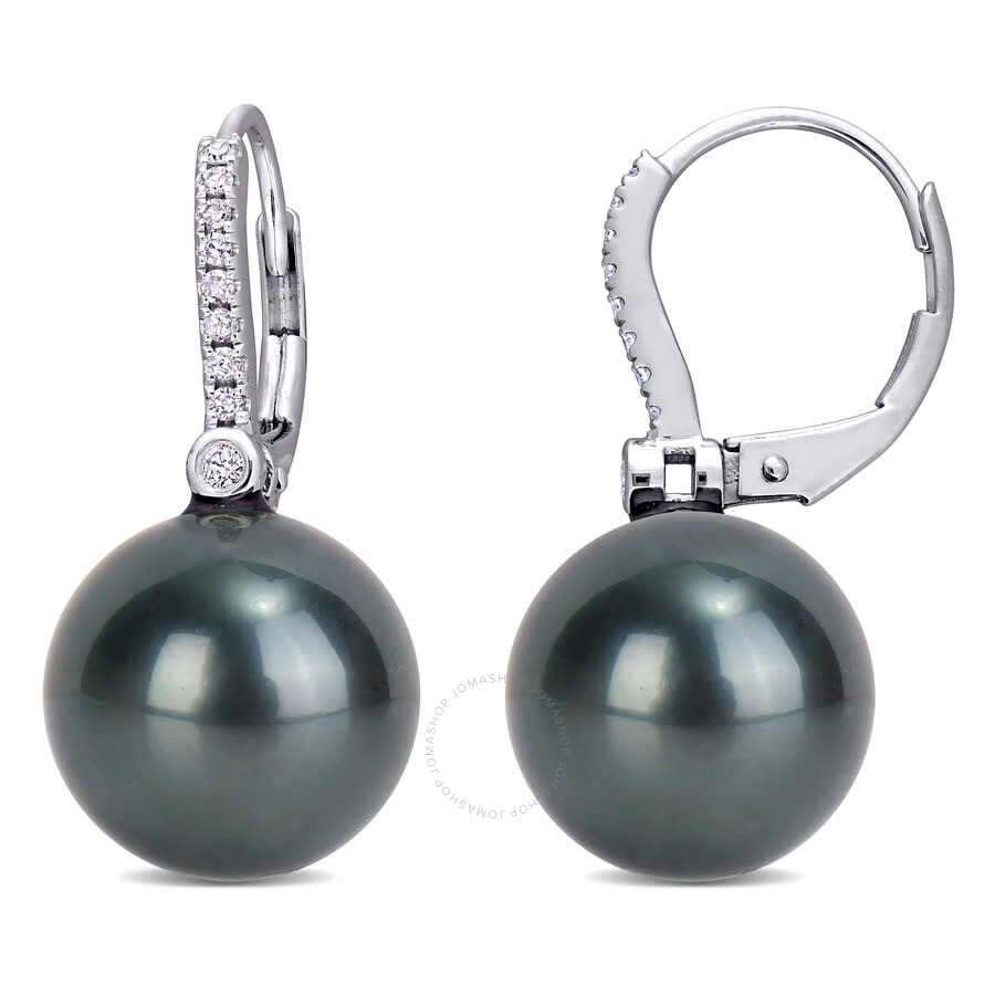 Amour 11 - 12 Mm Black Tahitian Cultured Pearl And 1/8 Ct Tw Diamond Leverback Earrings In 10k White In White