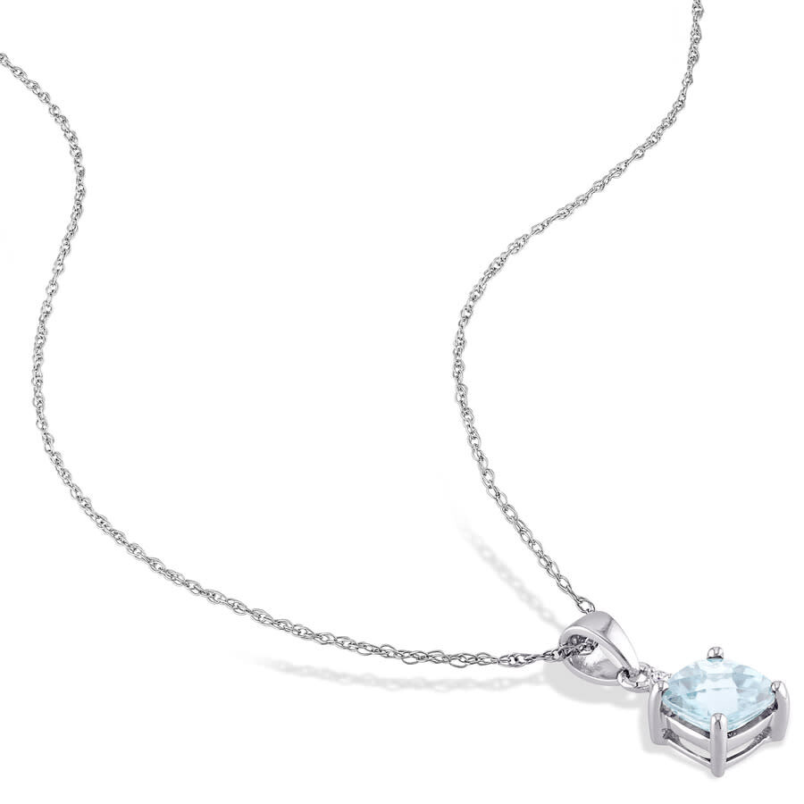 Amour Cushion Cut Checkerboard Aquamarine Pendant And Chain With Diamond Accent In 10k White Gold In White