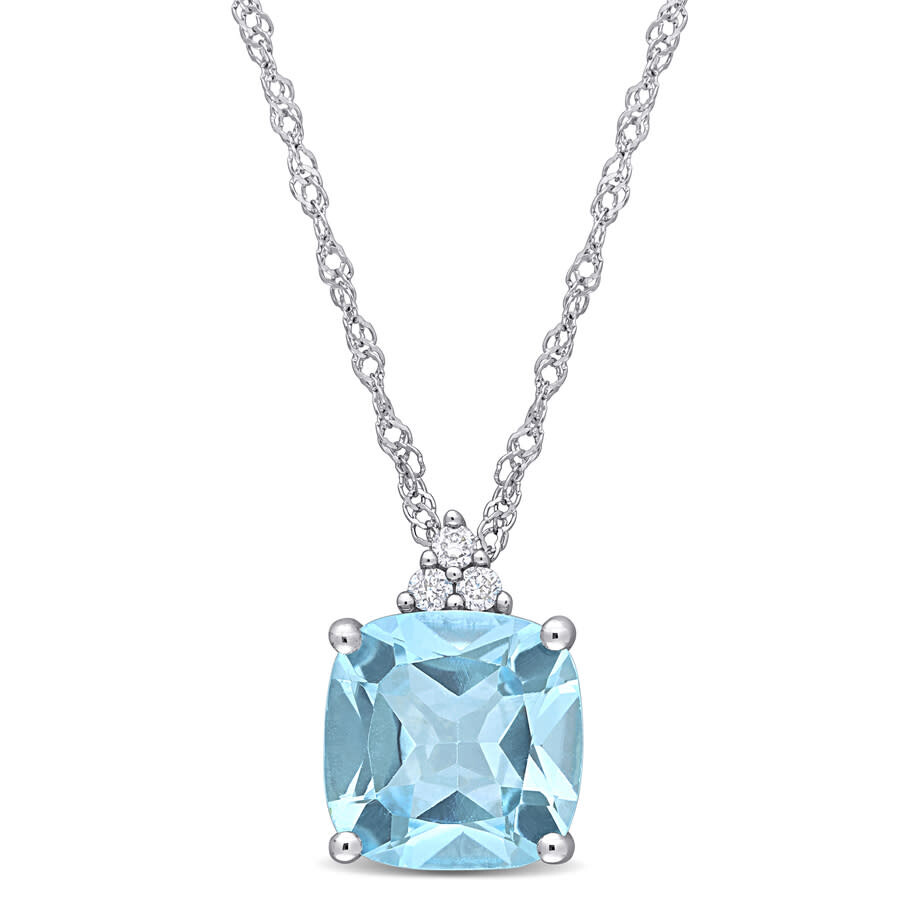 Amour Cushion Cut Sky-blue Topaz Pendant And Chain With Diamonds In 10k White Gold In White