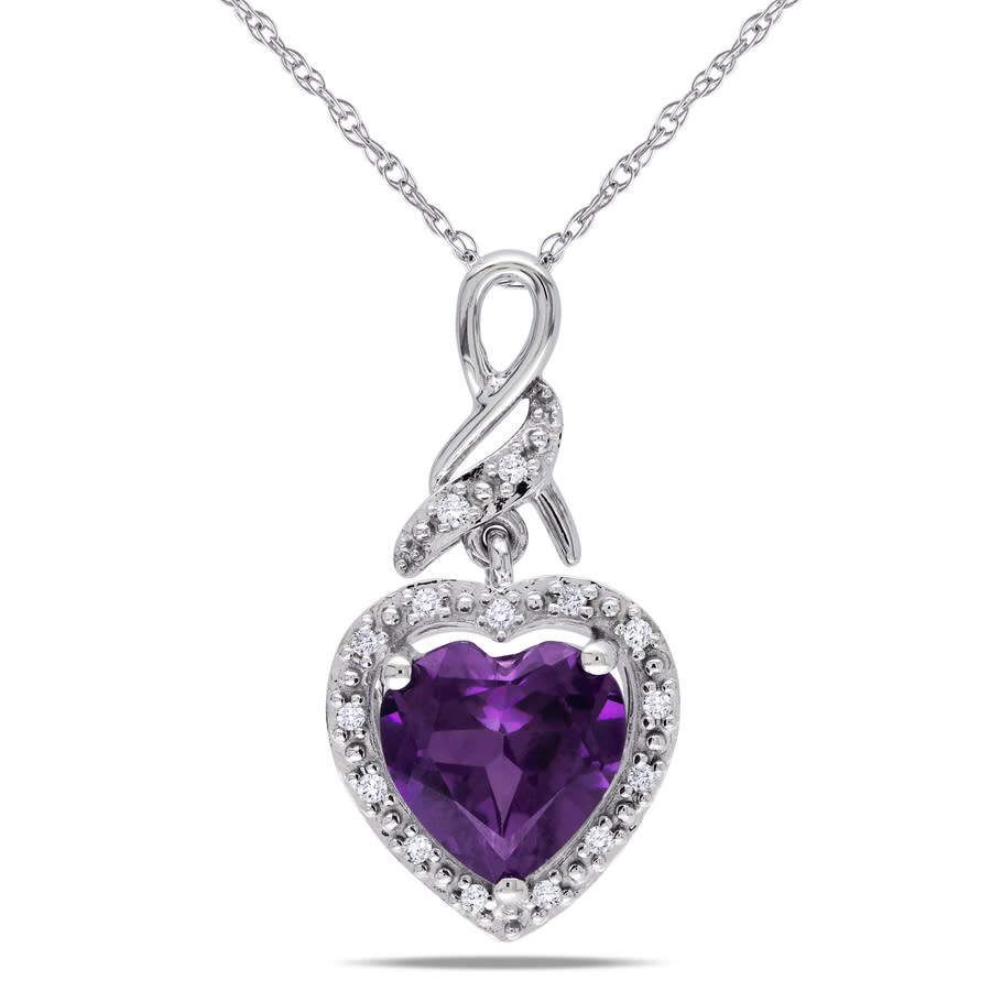 Amour Halo Heart Shaped Simulated Alexandrite Pendant And Chain With Diamonds In 10k White Gold In White