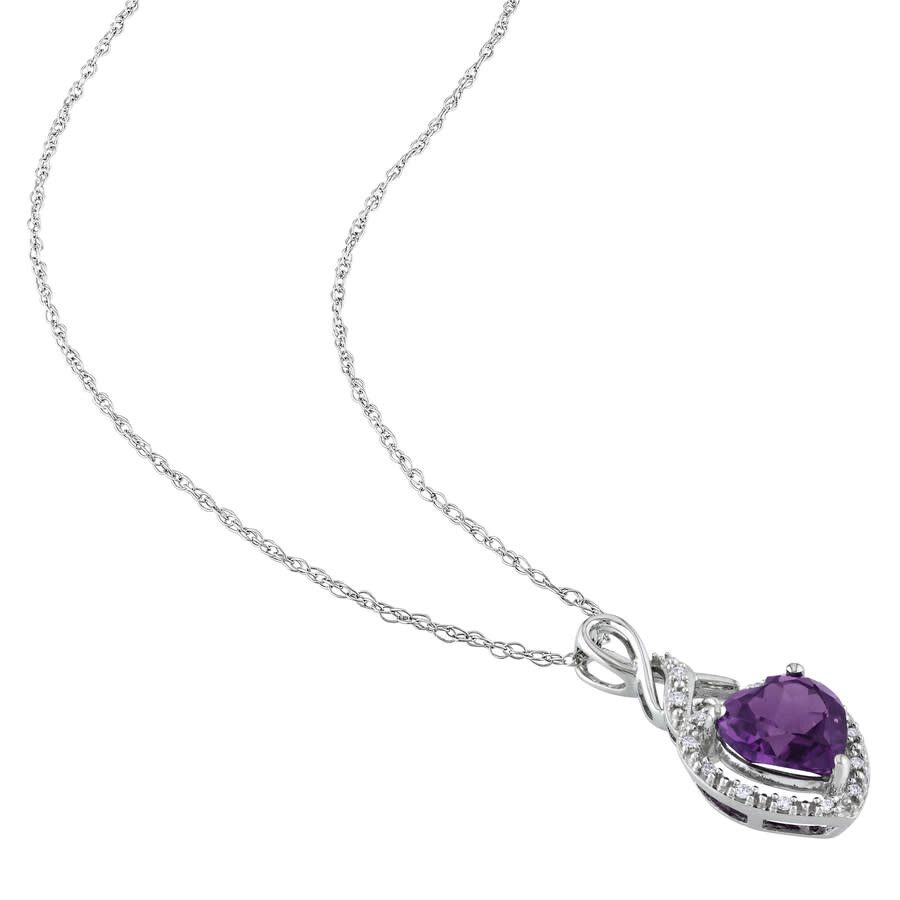 Amour Halo Heart Shaped Simulated Alexandrite Pendant And Chain With Diamonds In 10k White Gold In White