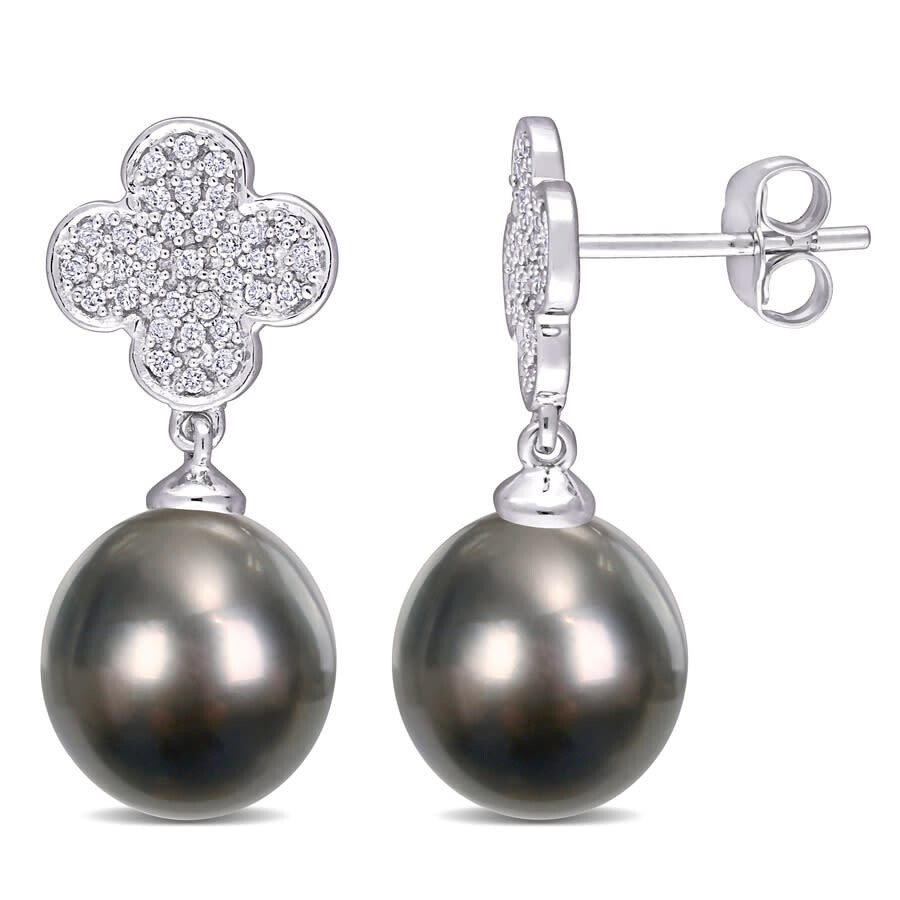 Shop Amour 10-10.5mm Black Tahitian Cultured Pearl And 1/5 Ct Tdw Diamond Flower Drop Earrings In 10k Whi In White