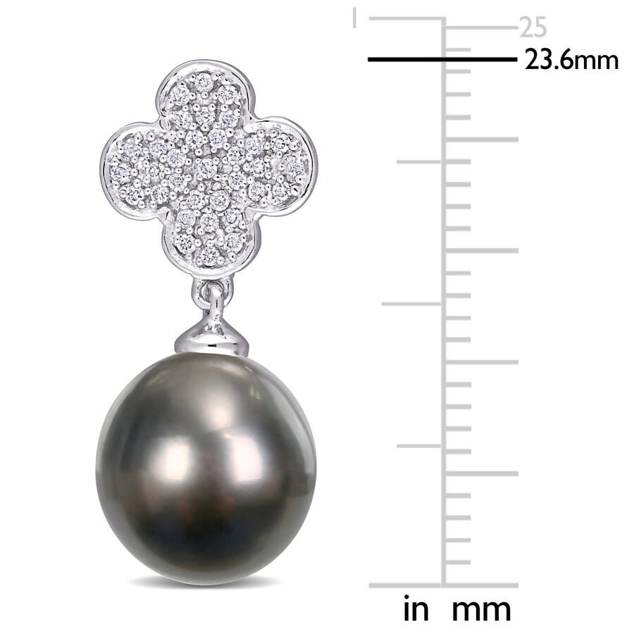 Shop Amour 10-10.5mm Black Tahitian Cultured Pearl And 1/5 Ct Tdw Diamond Flower Drop Earrings In 10k Whi In White