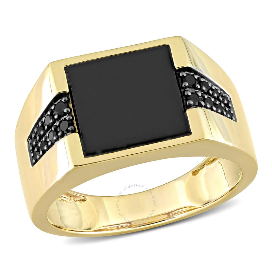 Shop Amour 8 Ct Tgw Black Onyx And 1/6 Ct Tw Black Diamond Men's Ring In 10k Yellow Gold