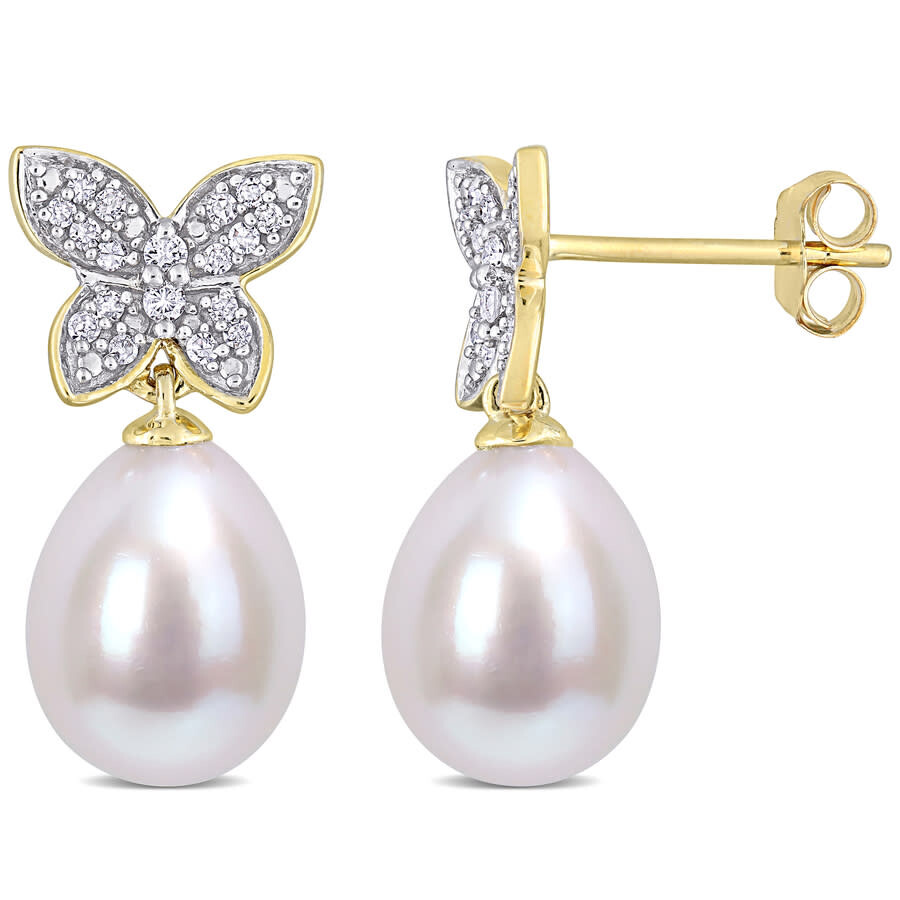 Amour 8.5-9mm Freshwater Cultured Pearl And 1/8 Ct Tdw Diamond Butterfly Drop Earrings In 10k Yellow In Yellow