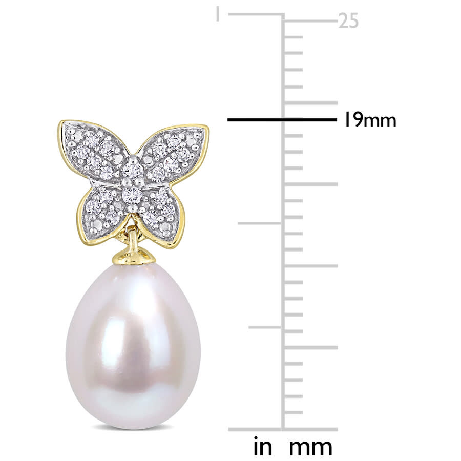Amour 8.5-9mm Freshwater Cultured Pearl And 1/8 Ct Tdw Diamond Butterfly Drop Earrings In 10k Yellow In Yellow