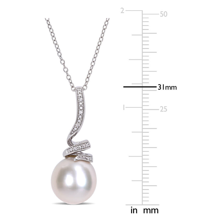 Amour 11 - 12 Mm Freshwater Cultured Pearl And Diamond Accent Swirl Drop Pendant With Chain In Sterl In White
