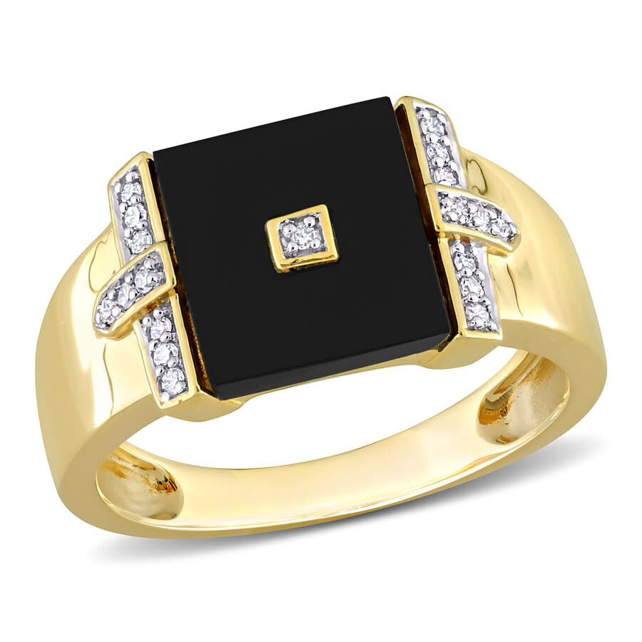 Amour 8 Ct Tgw Square Black Onyx And 1/10 Ct Tw Diamond Men's Ring In Yellow Plated Sterling Silver In Yellow