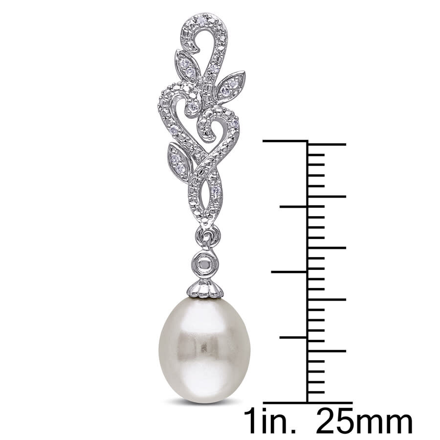 Amour 1/10 Ct Tw Diamond And 8.5 - 9 Mm White Cultured Freshwater Pearl Curlicue Leaf Drop Earrings In White