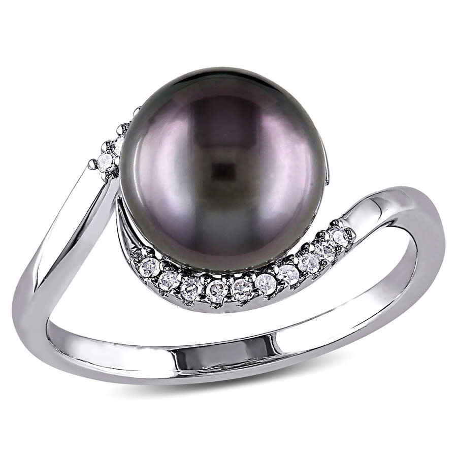 Shop Amour 1/10 Ct Tw Diamond And 9 - 9.5 Mm Black Tahitian Pearl Curlicue Ring In Sterling Silver In White