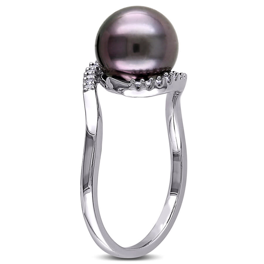 Amour 1/10 Ct Tw Diamond And 9 - 9.5 Mm Black Tahitian Pearl Curlicue Ring In Sterling Silver In White