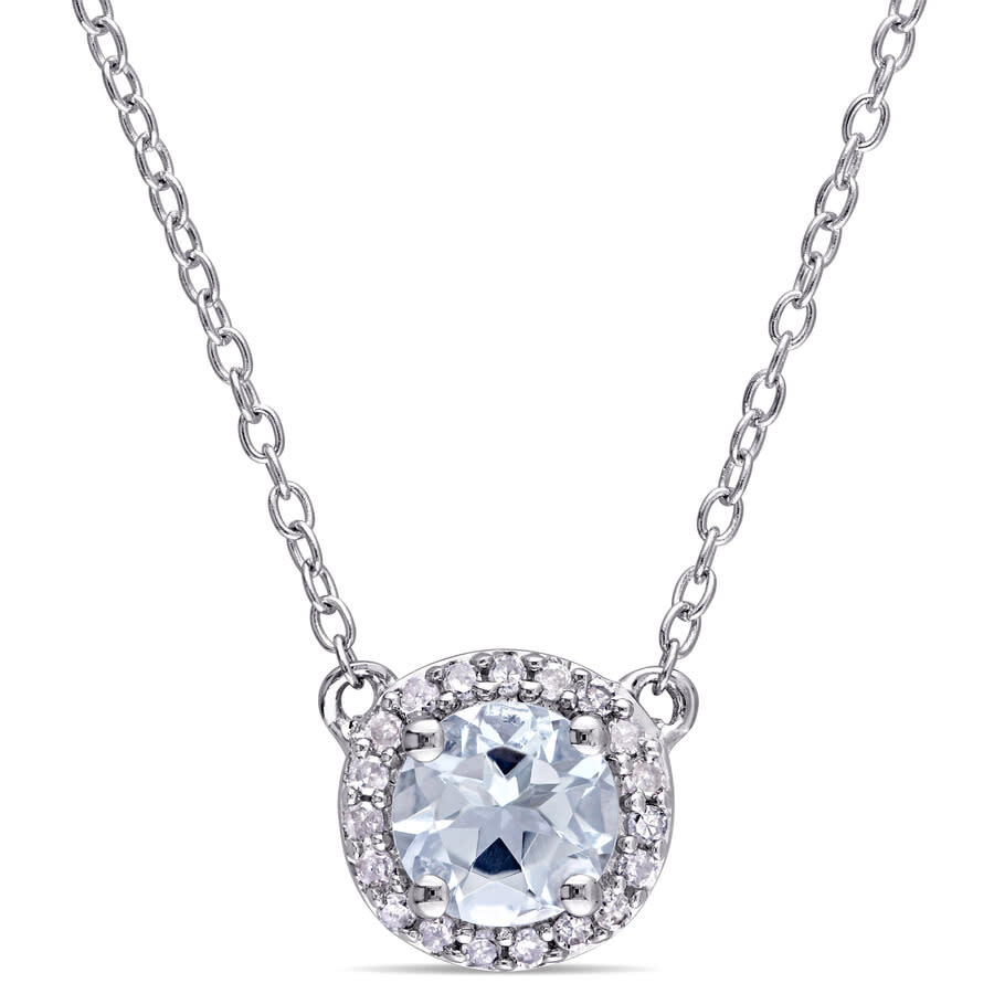 Amour 1/10 Ct Tw Diamond And Aquamarine Halo Necklace In Sterling Silver In White