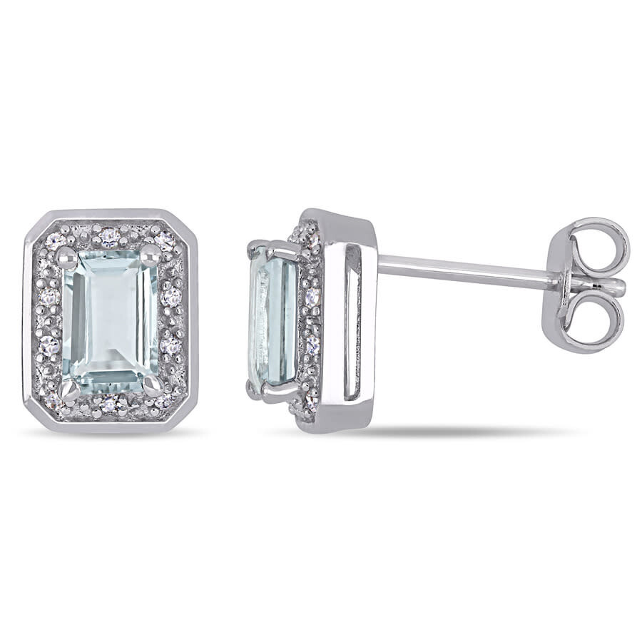 Shop Amour 1/10 Ct Tw Diamond And Emerald Cut Aquamarine Halo Earrings In Sterling Silver In White