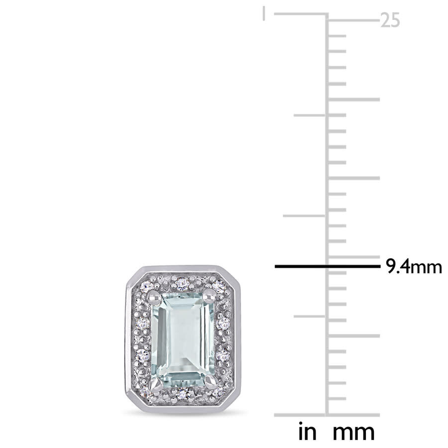 Amour 1/10 Ct Tw Diamond And Emerald Cut Aquamarine Halo Earrings In Sterling Silver In White