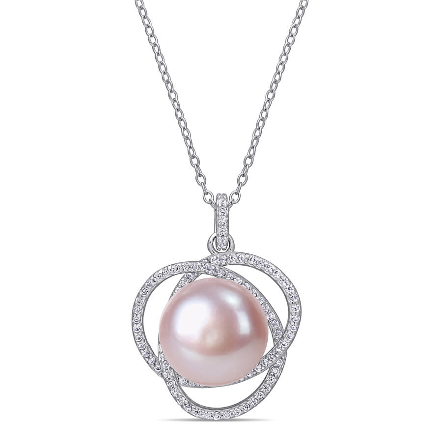 Amour 12 - 12.5 Mm Pink Cultured Freshwater Pearl And 1 Ct Tgw Cubic Zirconia Interlaced Halo Neckla In White