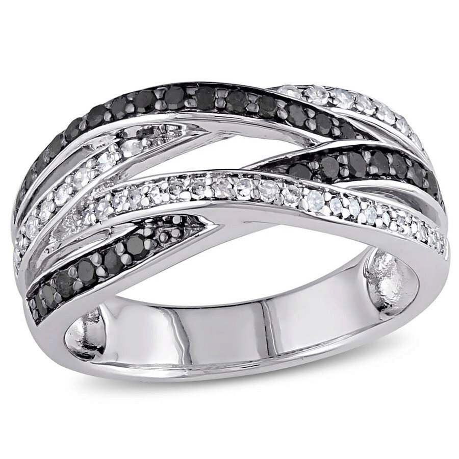 Amour 1/2 Ct Tw Black And White 4-row Diamond Crossover Anniversary Band In Sterling Silver With Bla In Black / Rhodium / Silver / White