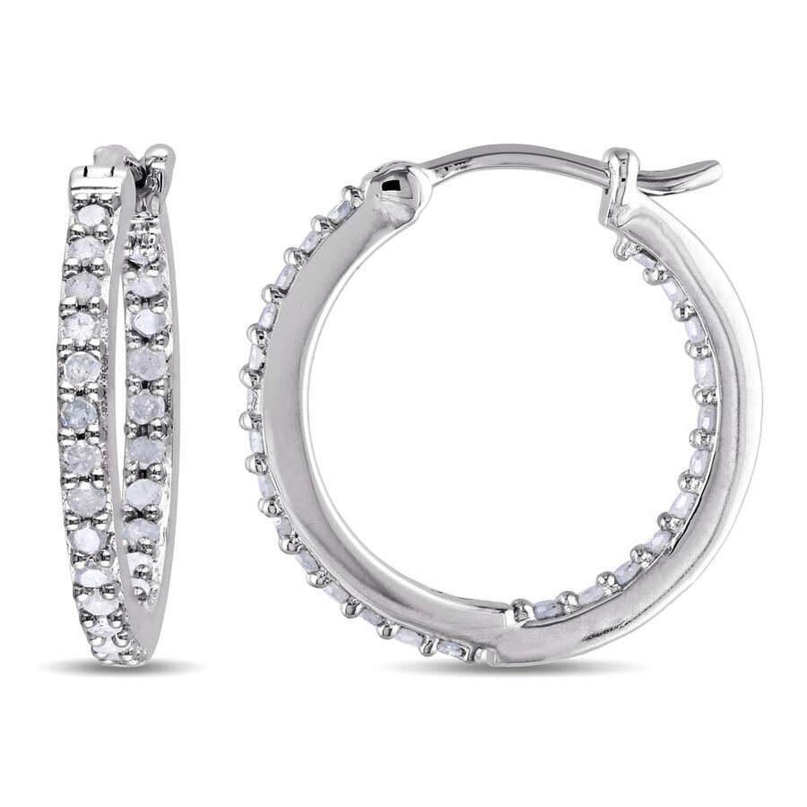 Shop Amour 1/2 Ct Tw Diamond Inside Outside Hoop Earrings In Sterling Silver In Silver / White