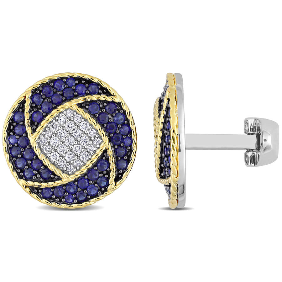 Amour 1 1/2 Ct Tgw Sapphire And 1/3 Ct Tw Diamond Cufflinks In 2-tone Sterling Silver In Two-tone