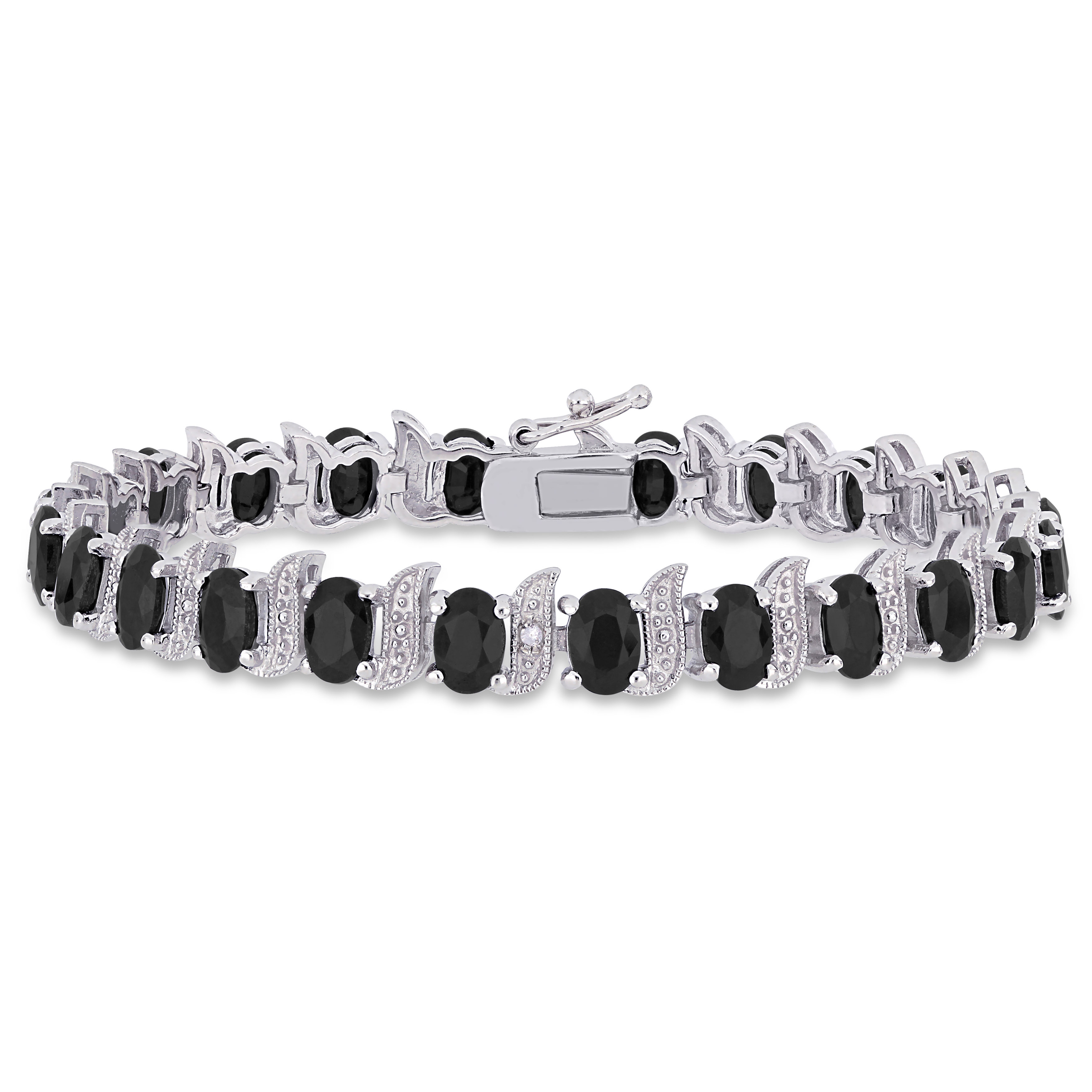 AMOUR 14 7/8 CT TGW Black Sapphire and Diamond S-link Bracelet In Sterling Silver