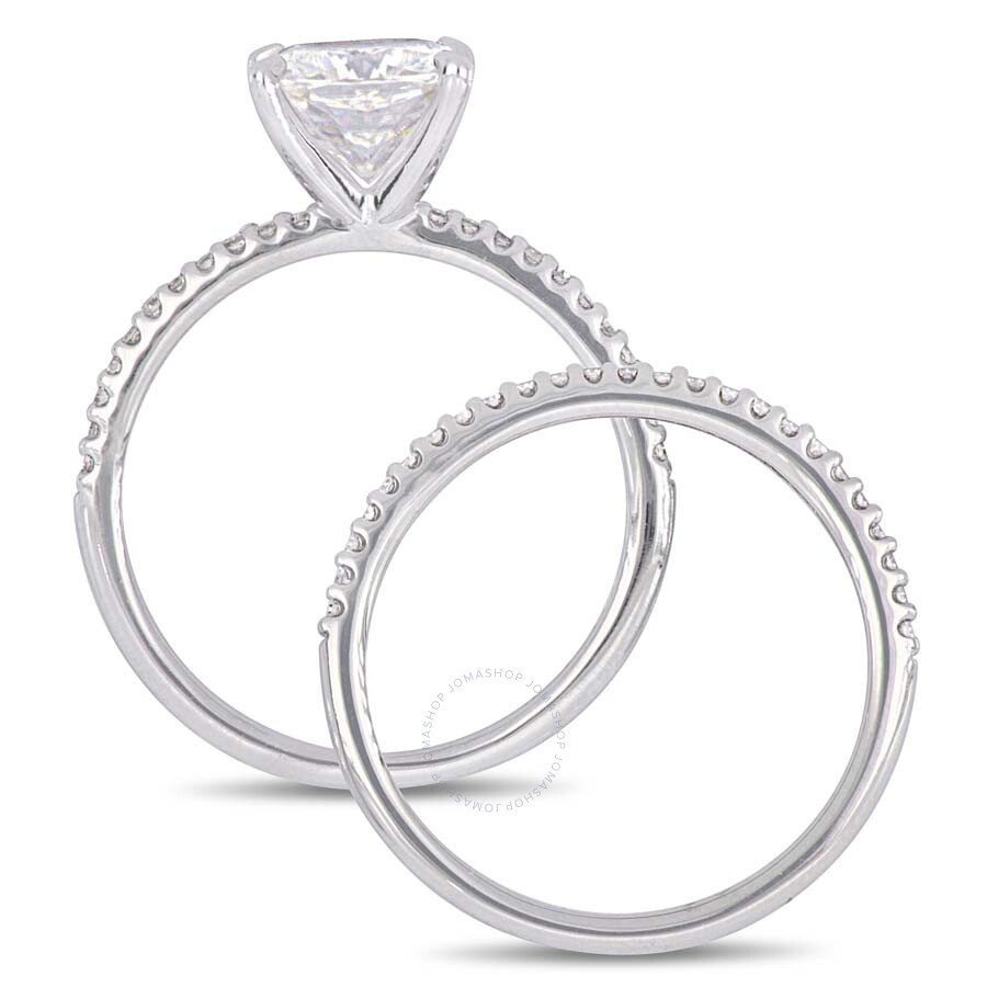 Amour 2 Ct Dew Cushion Created Moissanite And 1/4 Ct Tw Diamond Bridal Set In 14k White Gold In Gold / Gold Tone / White