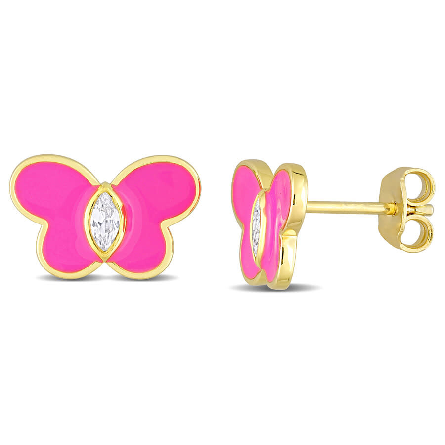 Shop Amour 1/4 Ct Tgw Created White Sapphire Butterfly Pink Enamel Stud Earrings In Yellow Plated Sterlin